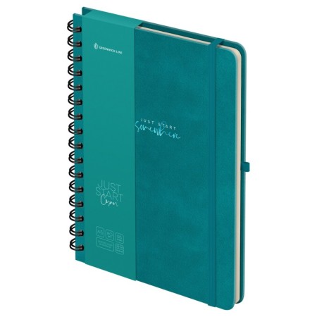 Записная книжка А5 96л., кожзам, на гребне, Greenwich Line "Just start. Cyan", твердая обложка, тиснение фольгой, с петлей