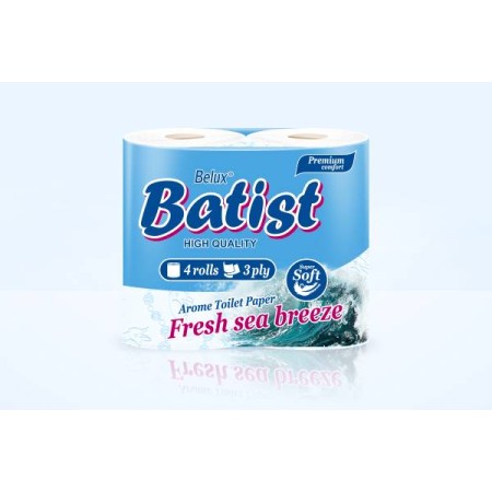 Туалетная бумага BELUX BATIST, 3-х слойная, рулон 20 м, 4 шт., целлюлоза, белая с тиснением, аромат "Морской бриз"