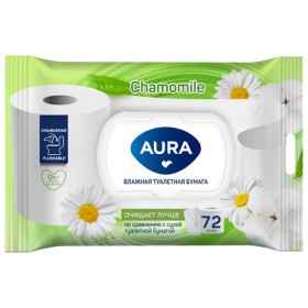 Бумага туалетная влажная смываемая 72 шт., AURA, с пластиковым клапаном, 13091