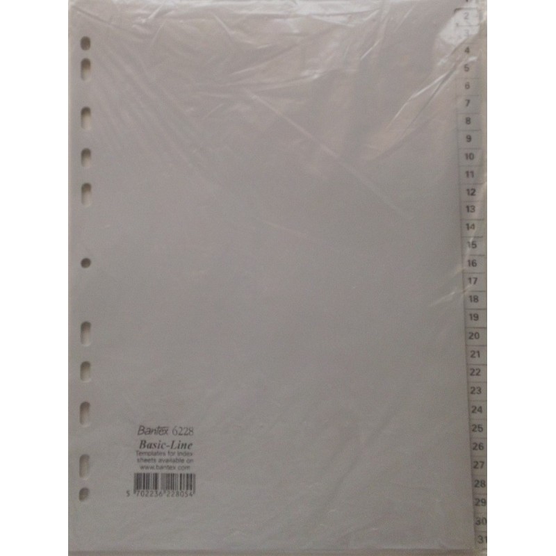 Разделитель листов пластиковый Bantex А4, 31 лист, цифровой, цвет серый