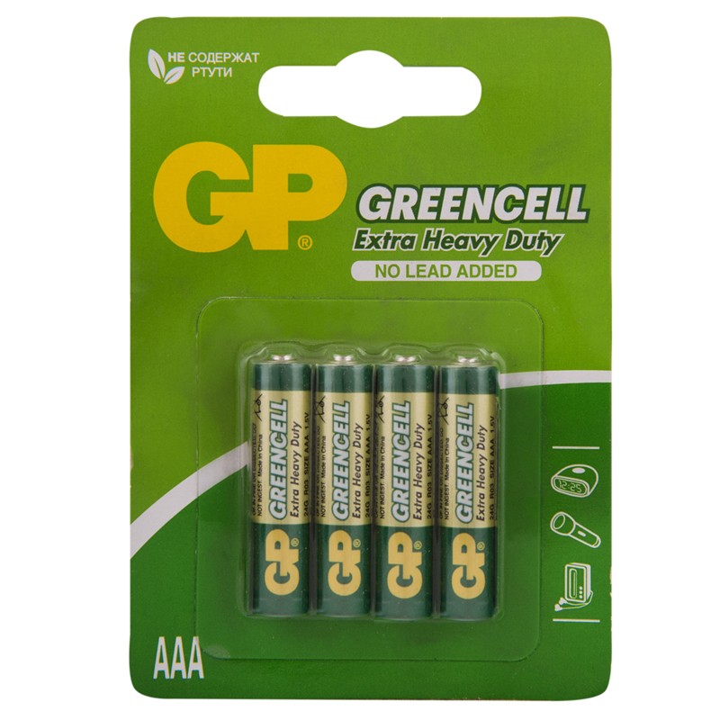 Батарейки КОМПЛЕКТ 4 шт., GP Greencell AAA (R03) 24S солевая, BL4