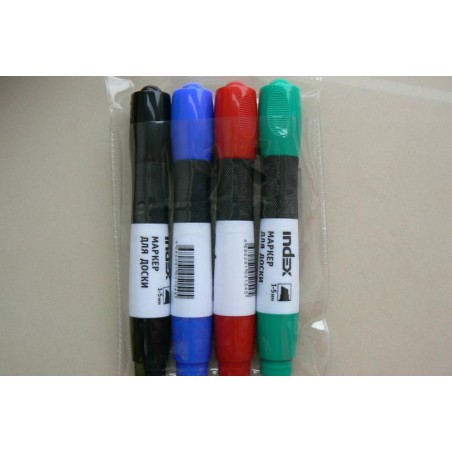 Набор маркеров для доски INDEX, 1-5 мм, (зел., крас., син., черн.), клиновидный нак., грип, (4 шт. в уп.), пвх, пенал с европод.