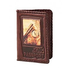 Обложка для паспорта «Вокруг света» Макей из натуральной кожи с художественной вставкой
