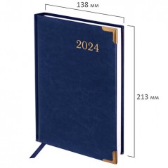 Ежедневник датированный BRAUBERG "Senator", под кожу, синий,2024 А5 138x213 мм,. арт. 114884