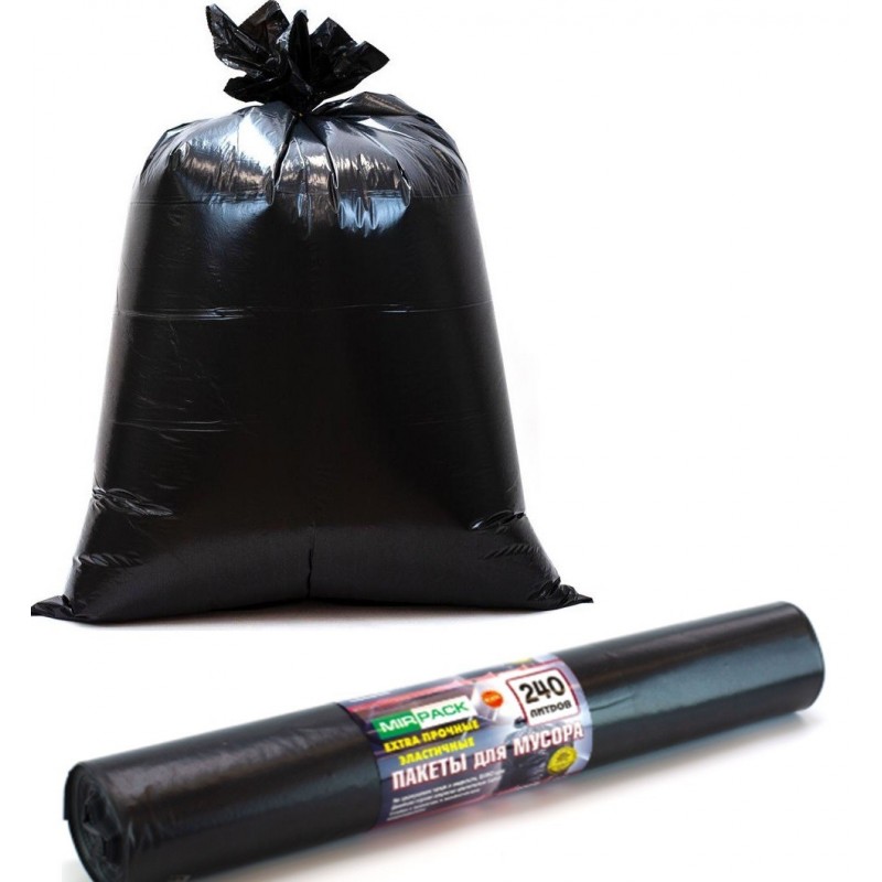 Мешки для мусора 240л Mirpack "Extra black" ПВД, 90*130см, 55мкм, 10шт., черные, в рулоне
