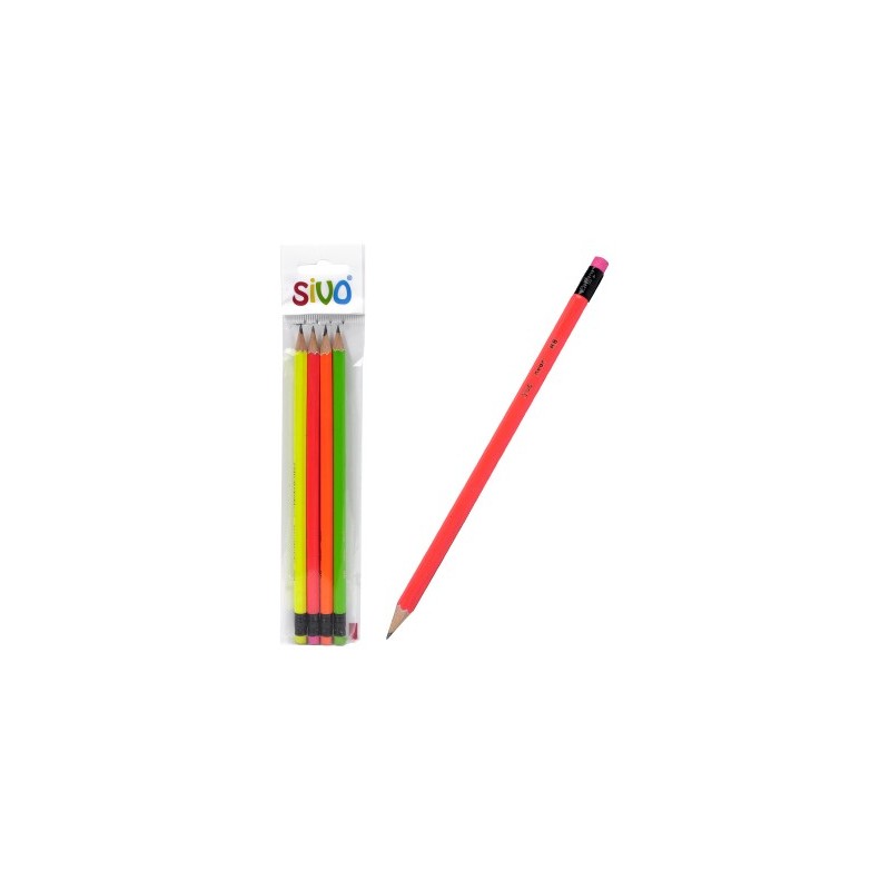 Набор 4 шт. карандашей ч/гр SIVO с резинкой, тв. HB, разный цвет корпуса "Neon"