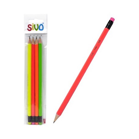 Набор 4 шт. карандашей ч/гр SIVO с резинкой, тв. HB, разный цвет корпуса "Neon"