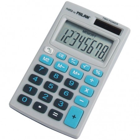 Калькулятор Milan карманный 8 разрядов, двойное питание, 102*67*9мм серый/голубой