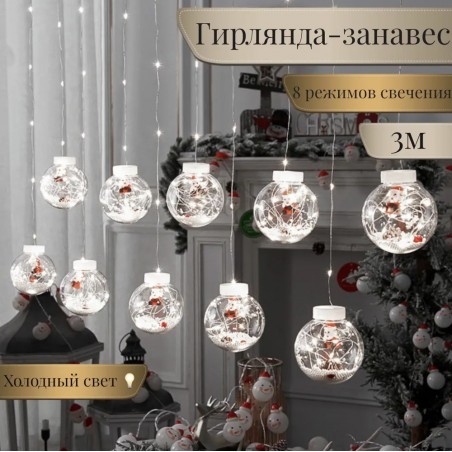 Светодиодная интерьерная новогодняя гирлянда Новогодние шары с Дедом Морозом, 10 ламп, 3 м. белое свечение, холодный свет